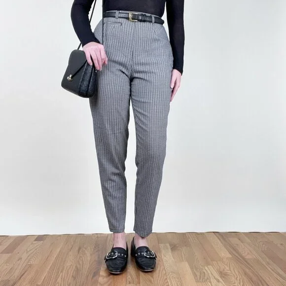 Vintage High Rise Houndstooth Slim Leg Trouser Pants Preppy Light Dark Academia - Picture 4 of 7